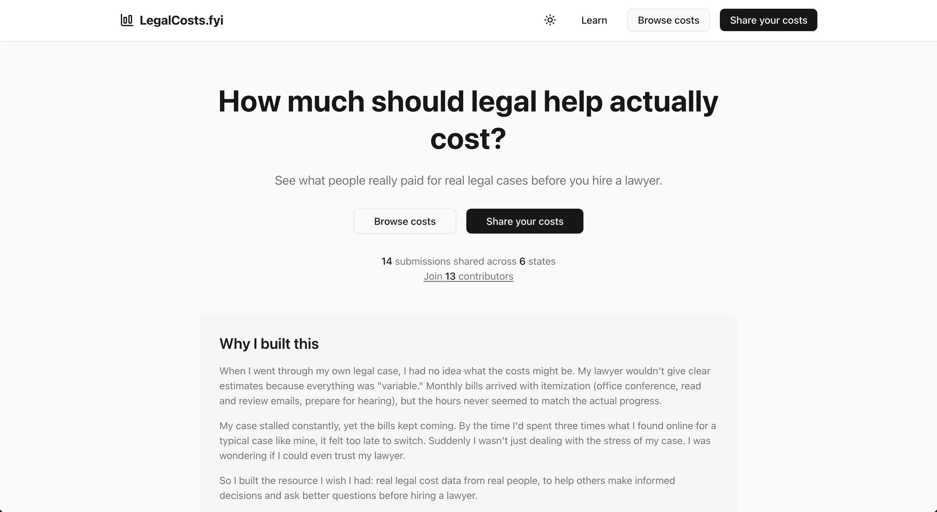 LegalCosts.fyi homepage screenshot